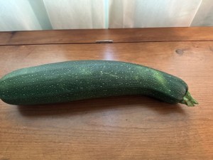 Large green zucchini on a bench.