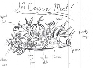 Drawing that Alex did of a bounty of foods, including a pumpkin, pumpkin soup, a whole chicken, an octopus representing octopus tacos, green sea grapes, tuna nigiri, sashimi, and lots more.