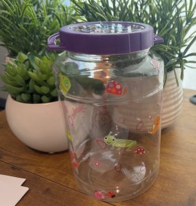 This photo shows an empty plastic jellybean jar with a screw-top plastic lid. It is decorated with marker drawings and animal stickers. It's placed on a wooden desk with plastic plants in the background.