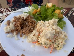 This photo shows a paper plate with macaroni salad, shredded pork, rice, and fresh salad.