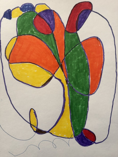This is a photo of a colorful abstract doodle drawing with some shapes colored in.