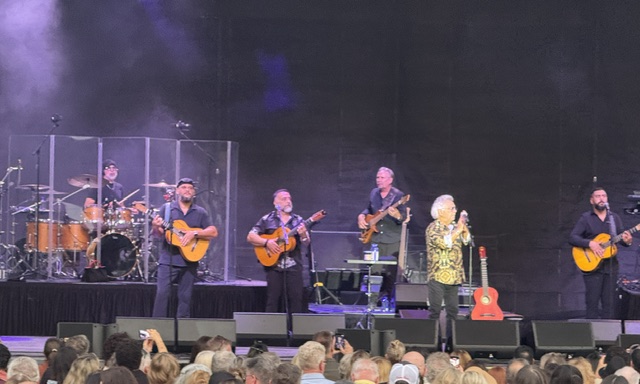 This is a photo of a live concert of the Gipsy Kings band members on stage. They have their acoustic and electric guitars. Purple smoke/light hangs in the background against the night sky. It's an outdoor concert. Just the tops of people in the rows in front of the stage can be seen.