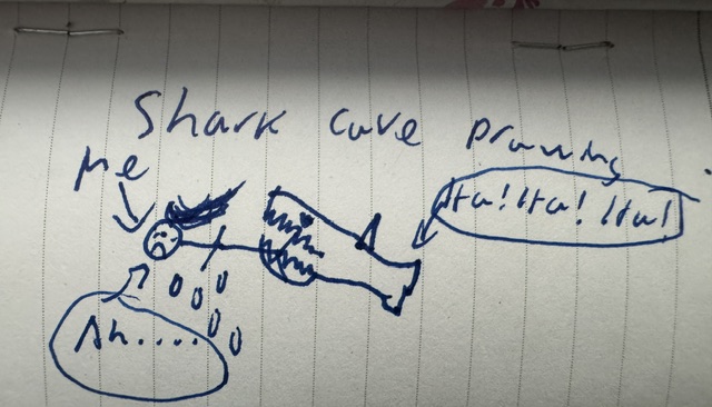 This is a photo of a ridiculous stick figure drawing of a "Me" swimming along, while a shark chomps on my feet, and drops of blood fall. It's titled "Shark Cave Drawing." The shark is laughing, and "I" am screaming in the speech bubbles.